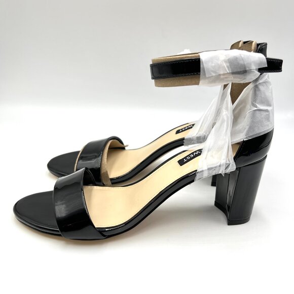 Nine West Womens 7.5M‎ Pruce Black Patent Open Toe Block Heels Sandals Shoes - Picture 5 of 12